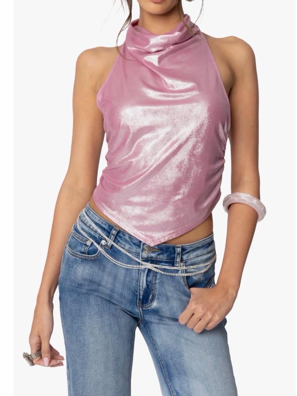 Edikted Metallic Cowl Neck Halter Top in Pink Size S